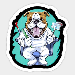 a Dentist English Bulldog wearing a white coat, holding a toothbrush in one paw and a dental mirror Sticker